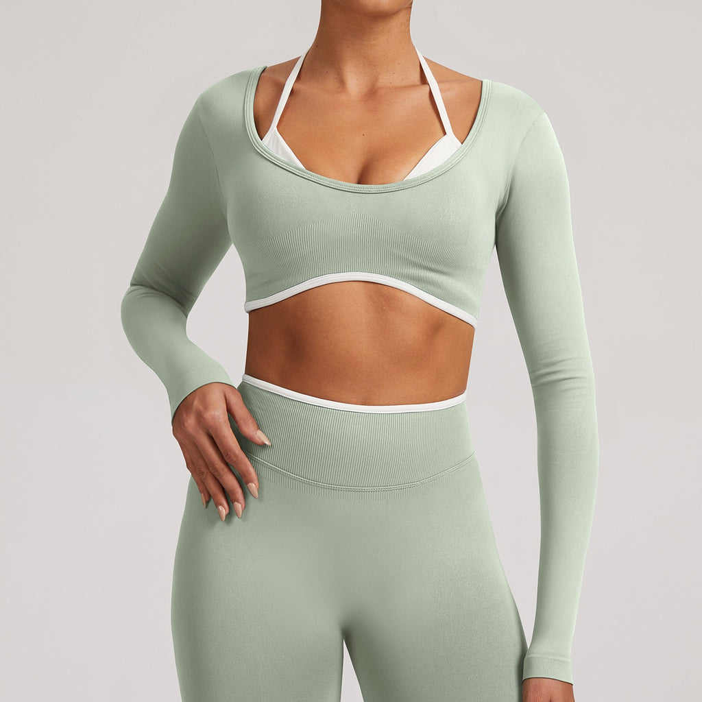 Contrast Trim Open Back Cropped Long Sleeve Gym Top - Pistachio