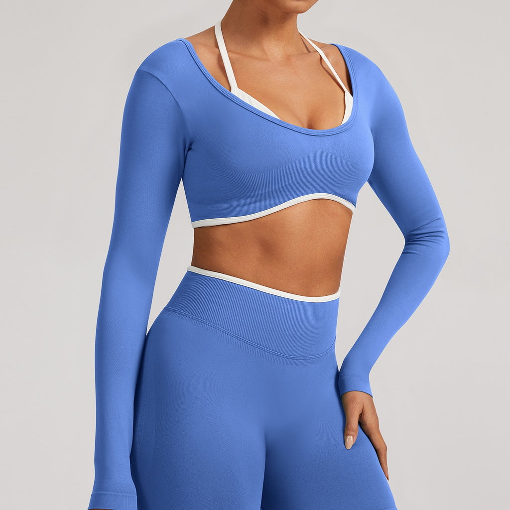 Contrast Trim Open Back Cropped Long Sleeve Gym Top - Provence Blue