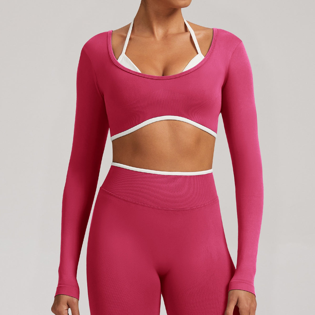 Contrast Trim Open Back Cropped Long Sleeve Gym Top - Raspberry