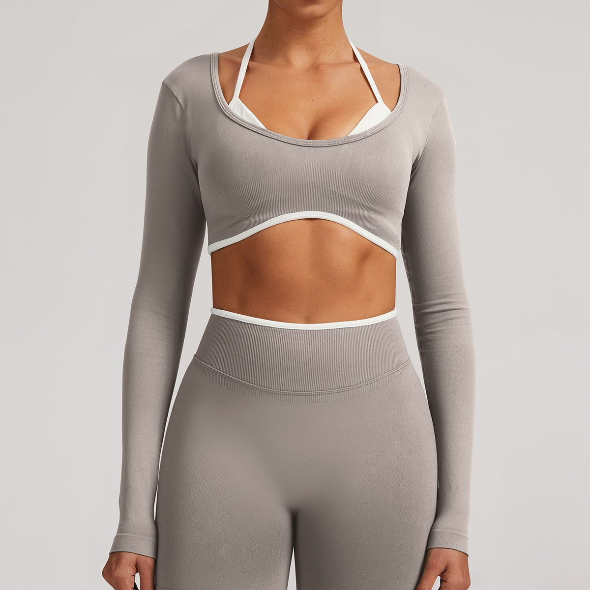 Contrast Trim Open Back Cropped Long Sleeve Gym Top - Stone