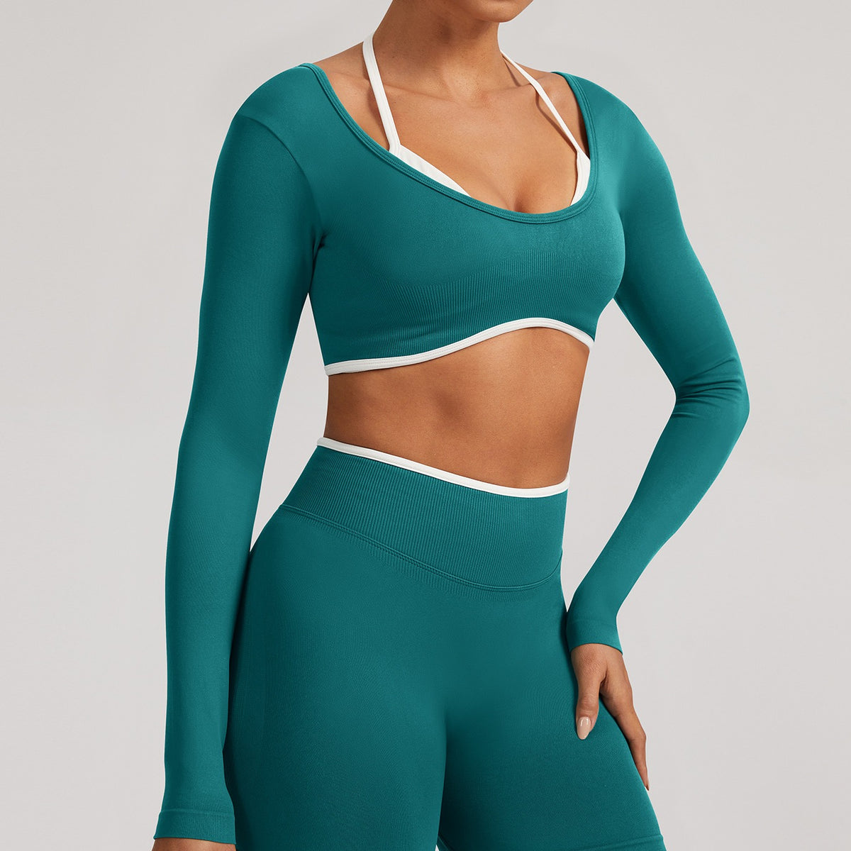 Contrast Trim Open Back Cropped Long Sleeve Gym Top - Teal