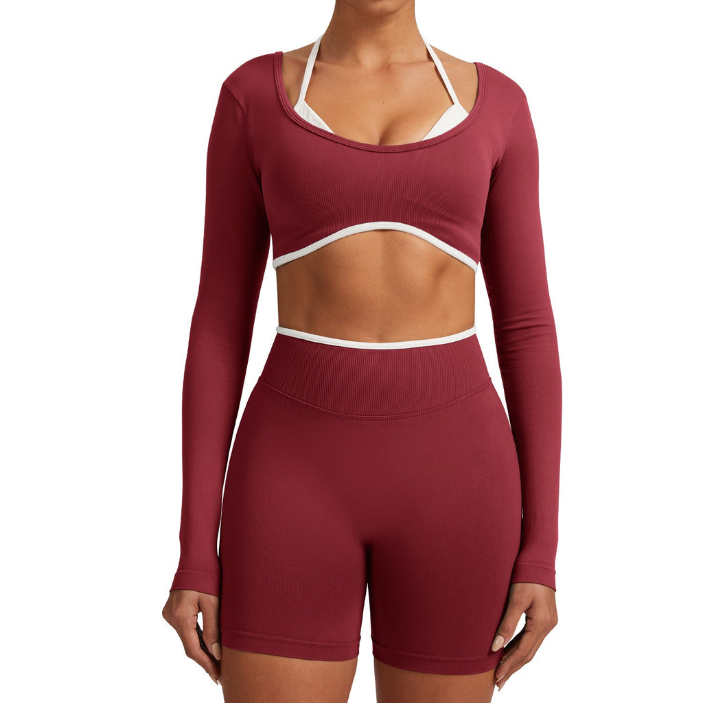 Contrast Trim Open Back Cropped Long Sleeve Gym Top