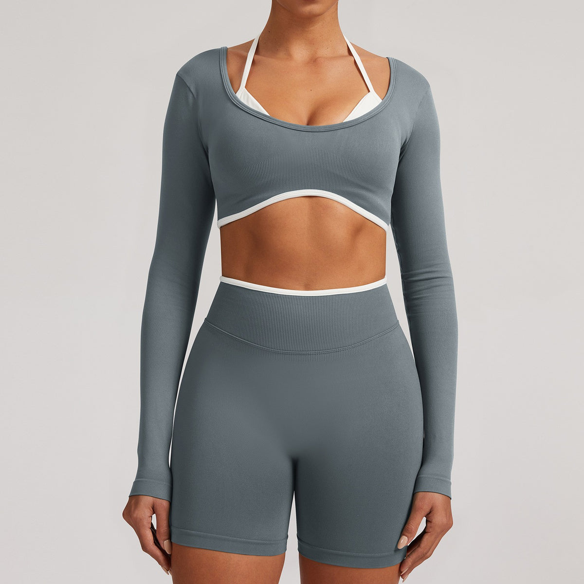Contrast Trim Open Back Cropped Long Sleeve Gym Top
