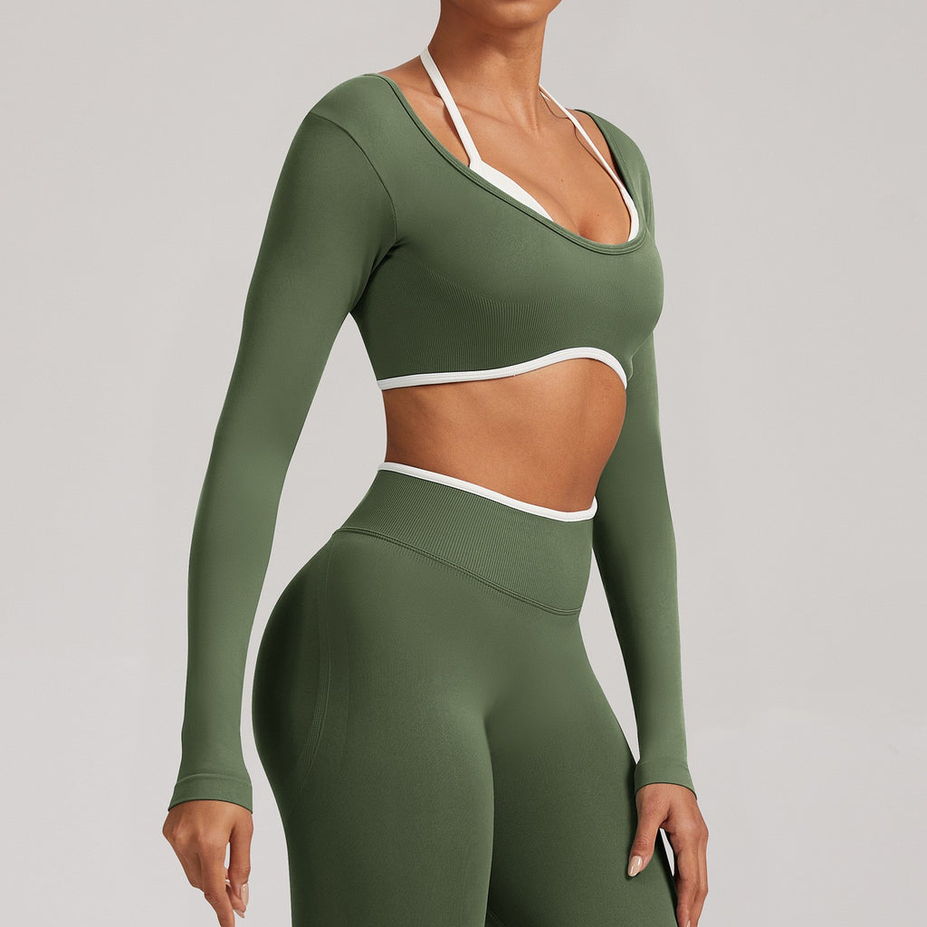 Contrast Trim Open Back Cropped Long Sleeve Gym Top