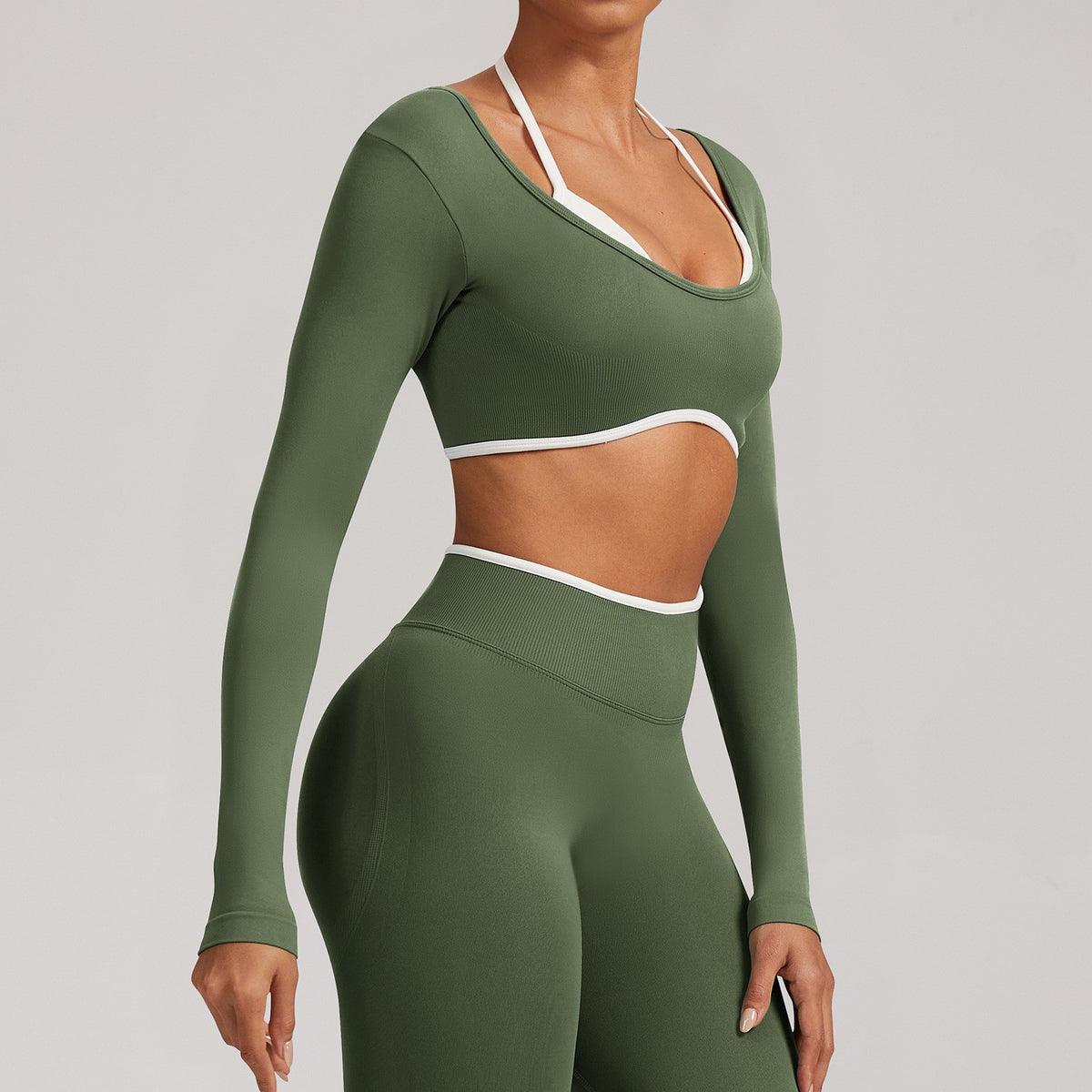 Contrast Trim Open Back Cropped Long Sleeve Gym Top
