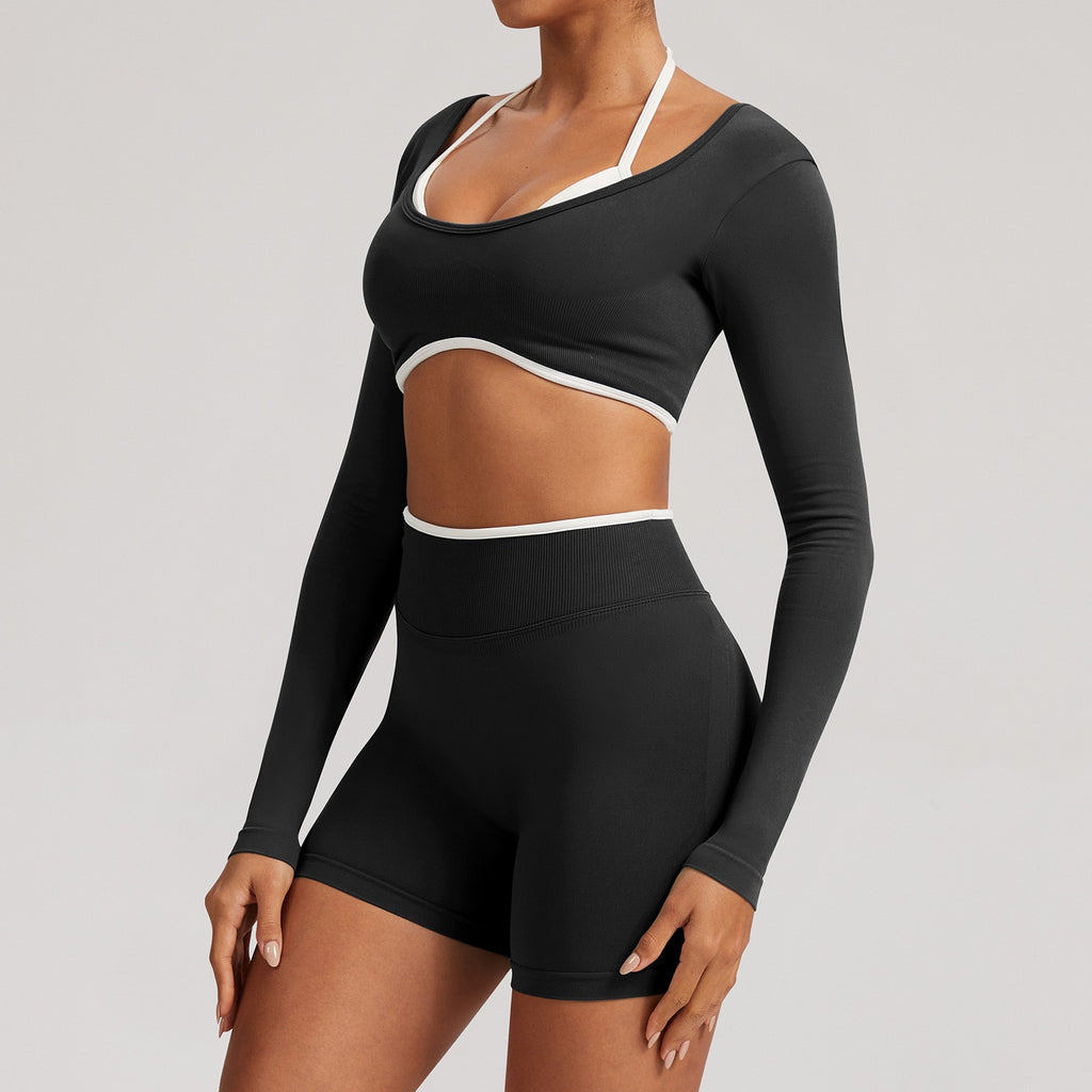 Contrast Trim Open Back Cropped Long Sleeve Gym Top