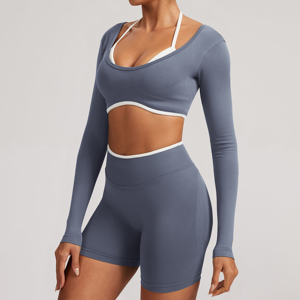 Contrast Trim Open Back Cropped Long Sleeve Gym Top
