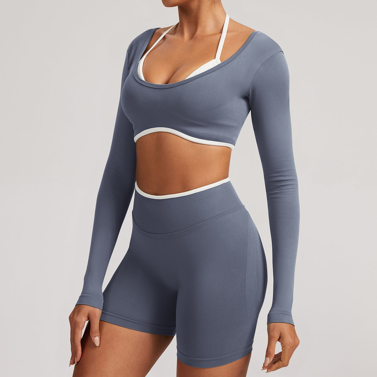 Contrast Trim Open Back Cropped Long Sleeve Gym Top