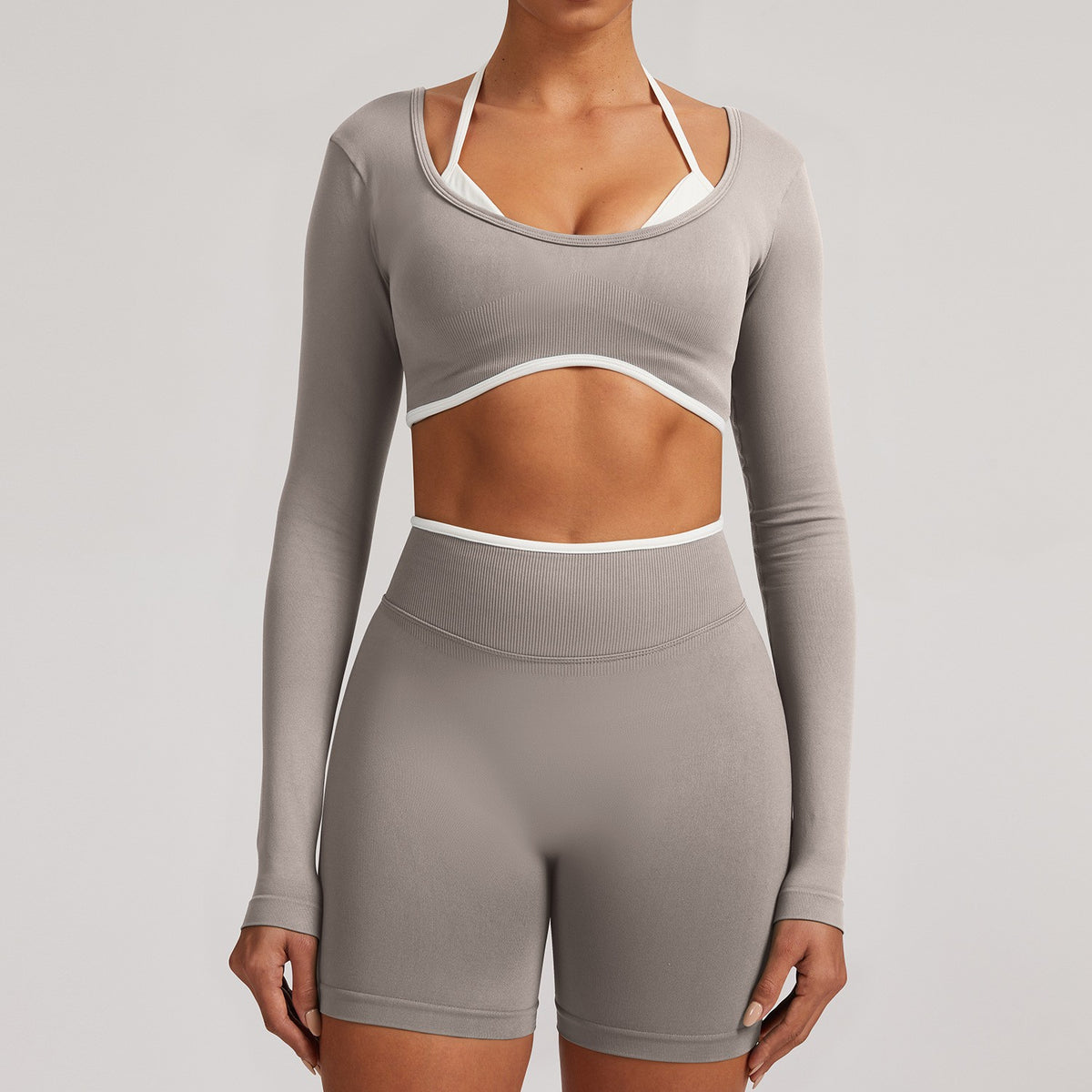 Contrast Trim Open Back Cropped Long Sleeve Gym Top