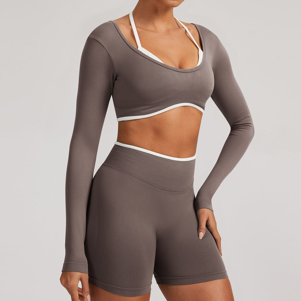 Contrast Trim Open Back Cropped Long Sleeve Gym Top