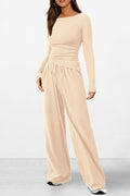Ruched Waist Wide Leg Lounge Set - Apricot