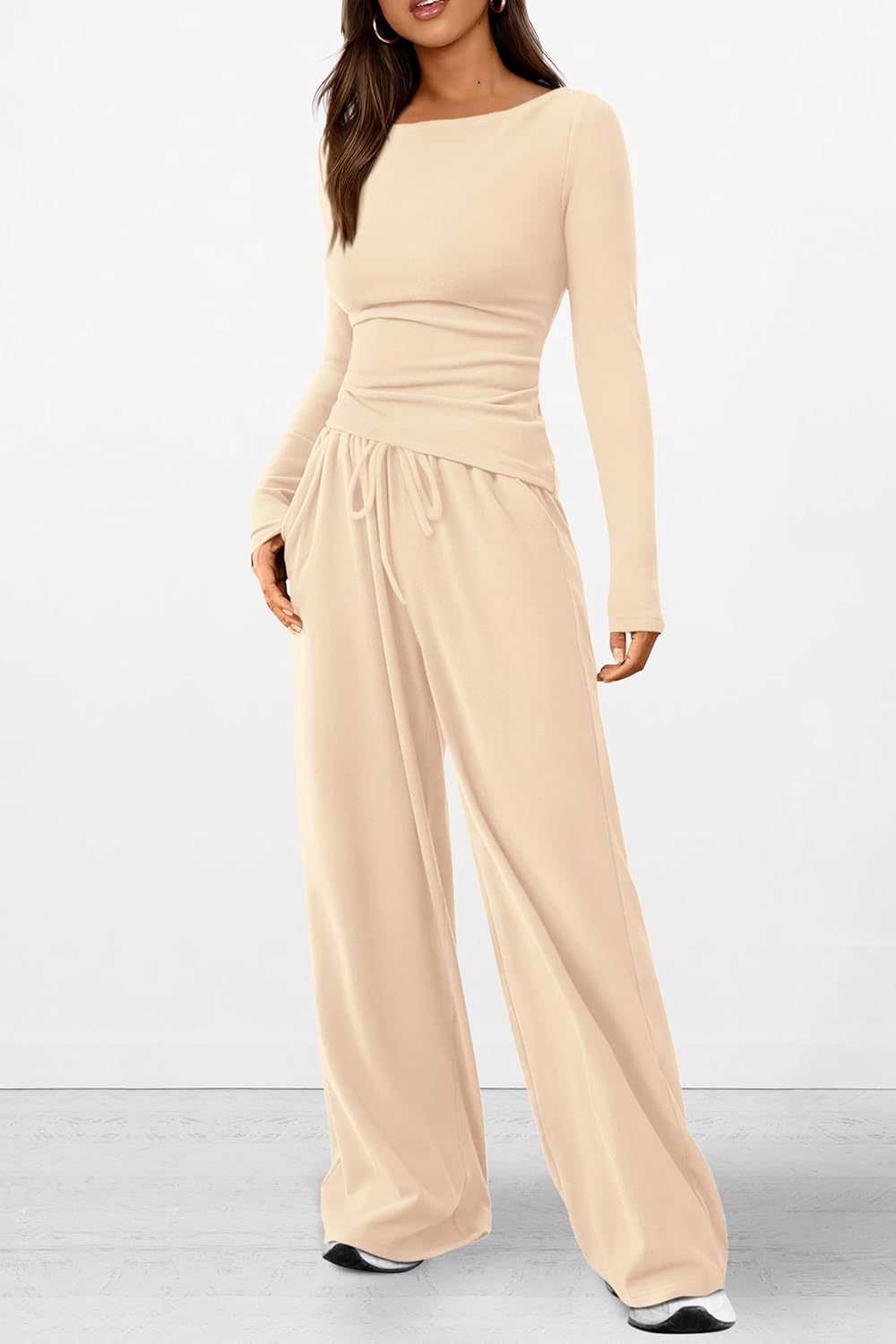 Ruched Waist Wide Leg Lounge Set - Apricot