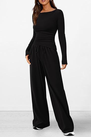 Ruched Waist Wide Leg Lounge Set - Black