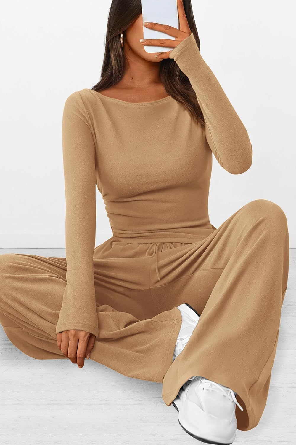 Ruched Waist Wide Leg Lounge Set - Khaki - 1