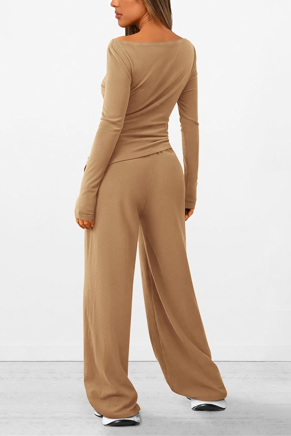 Ruched Waist Wide Leg Lounge Set - Khaki - 2