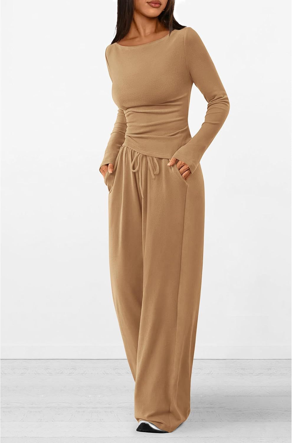 Ruched Waist Wide Leg Lounge Set - Khaki - 3