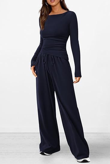 Ruched Waist Wide Leg Lounge Set - Navy