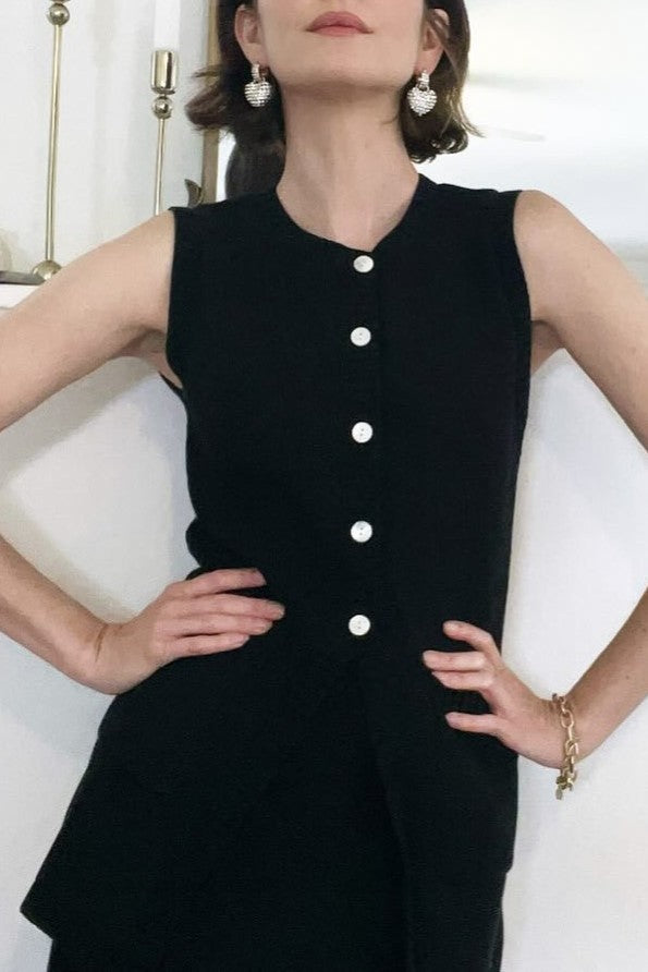 Button Front Knit Vest With Pockets - Black