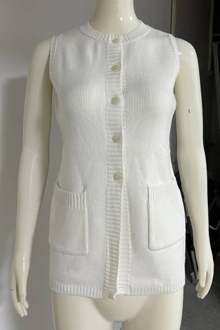 Button Front Knit Vest With Pockets - White