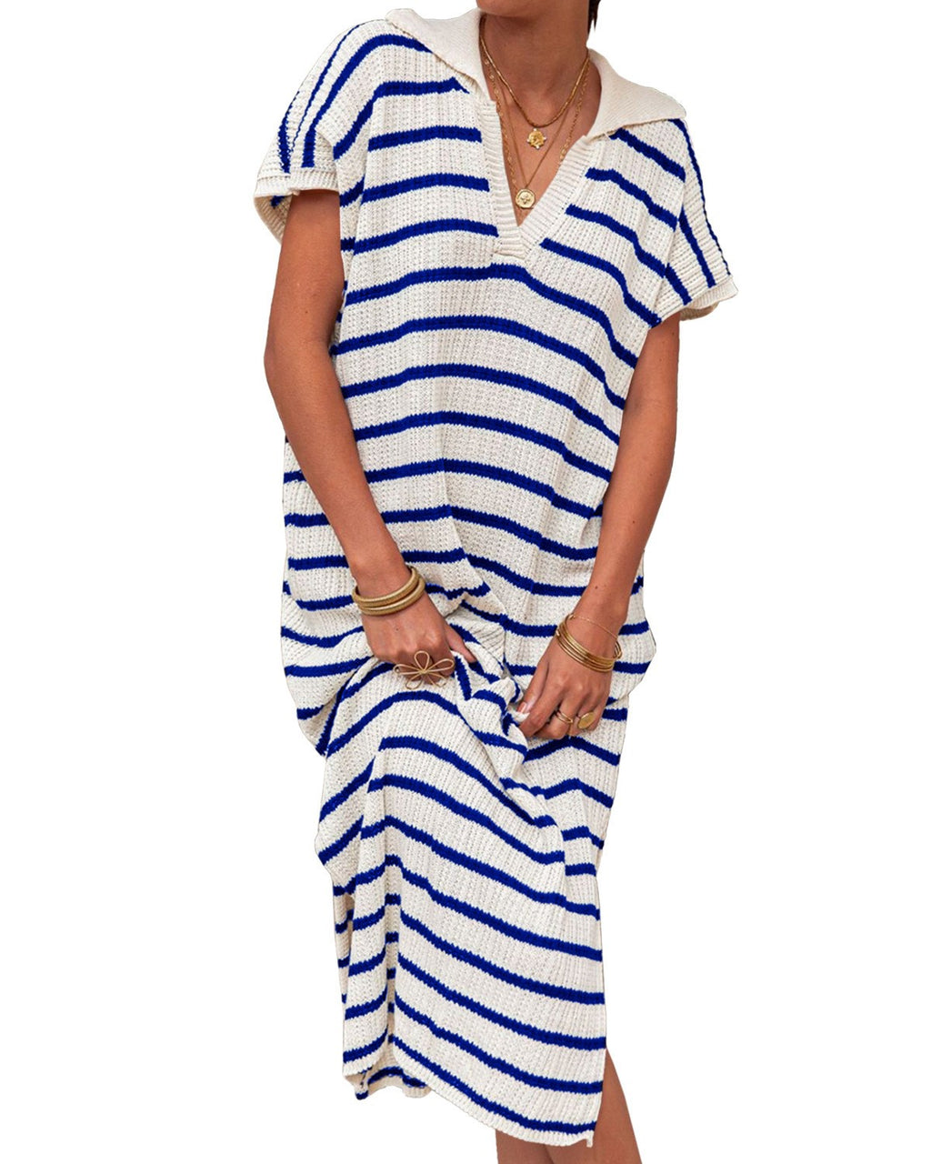 Striped Collared V-Neck Short Sleeve Maxi Dress - Blue