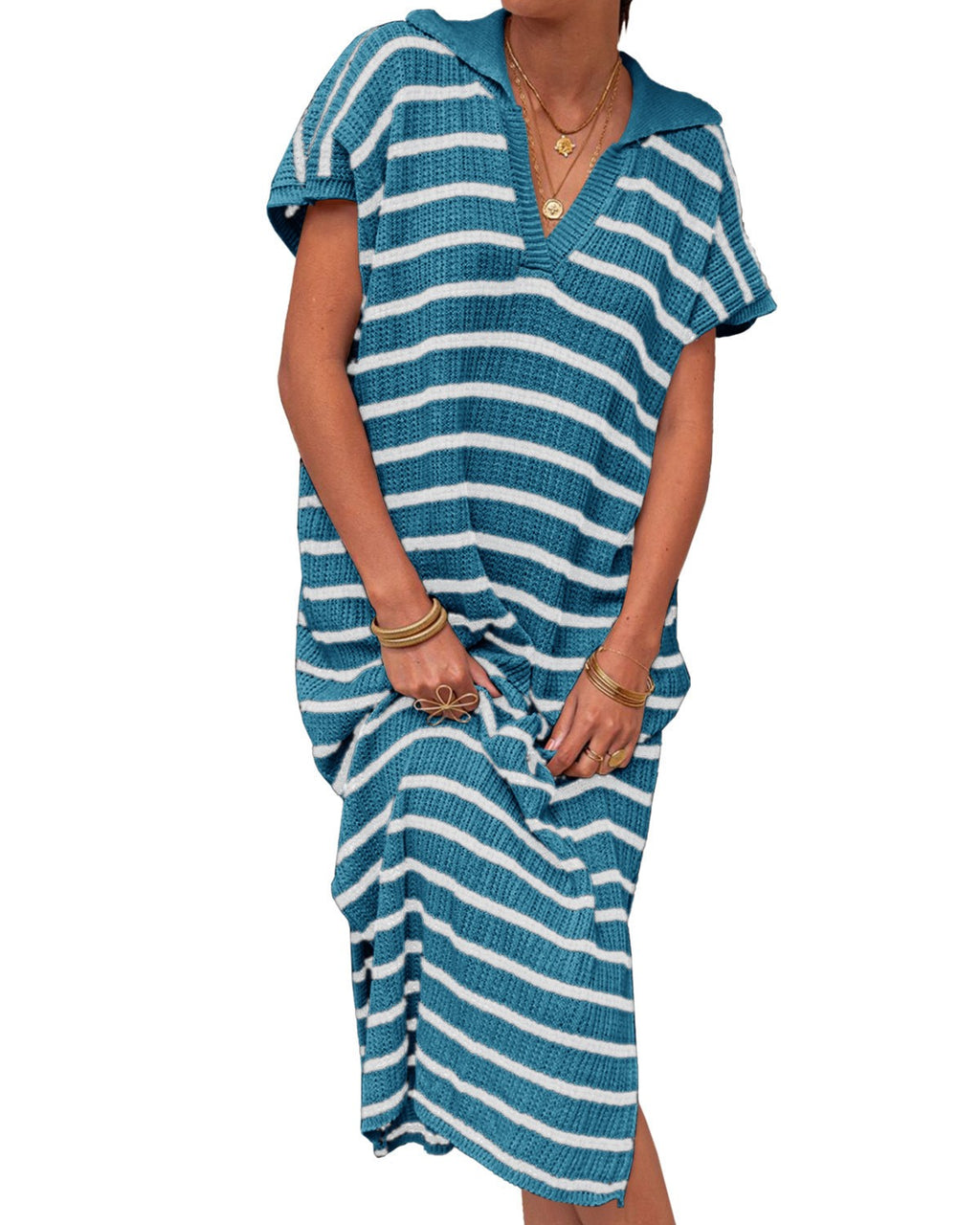 Striped Collared V-Neck Short Sleeve Maxi Dress - Lake-Blue