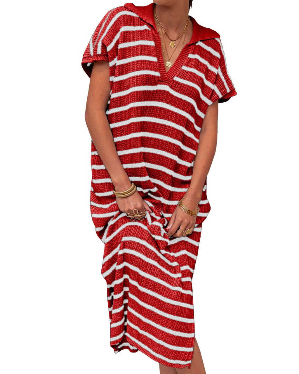 Striped Collared V-Neck Short Sleeve Maxi Dress - Red