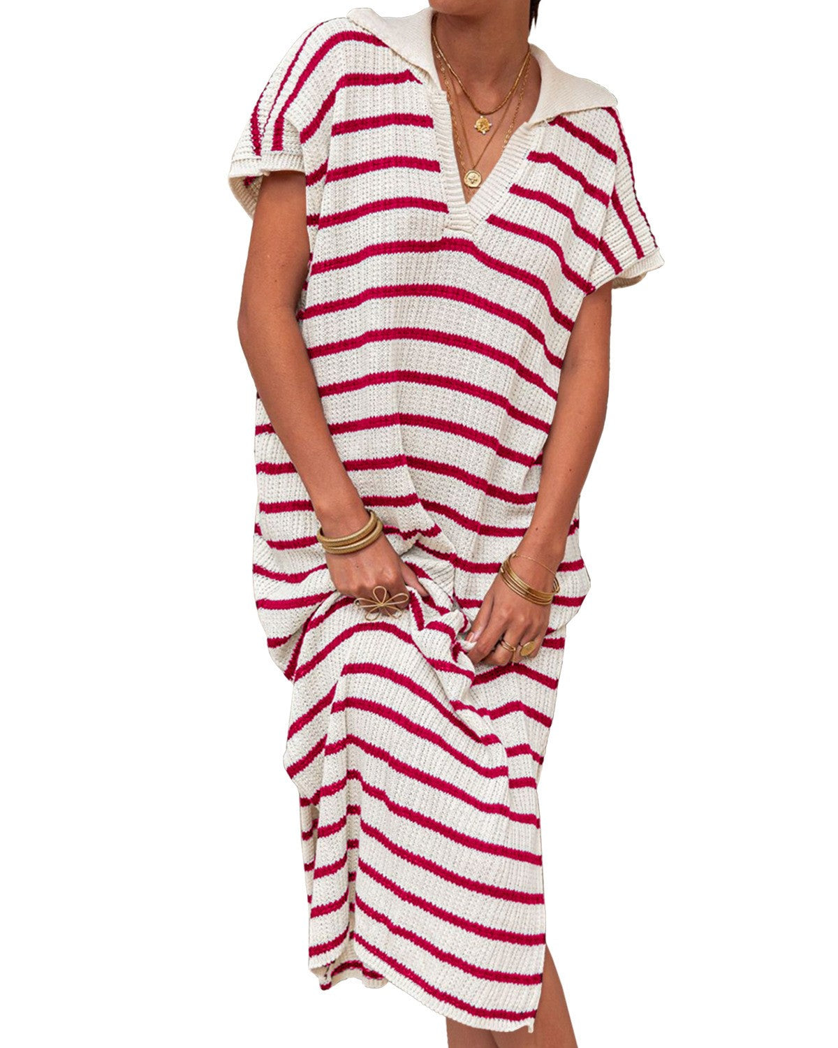 Striped Collared V-Neck Short Sleeve Maxi Dress - Rose-Red