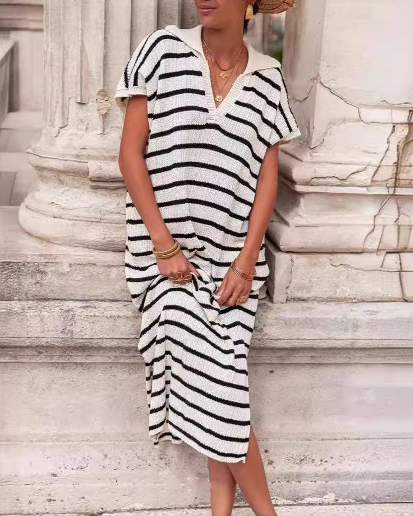 Striped Collared V-Neck Short Sleeve Maxi Dress - White