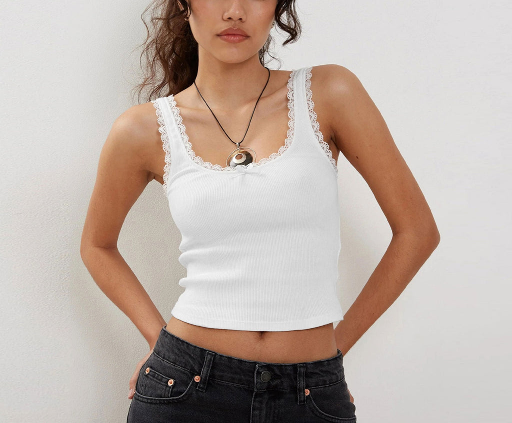 Coquette Ribbed Tank Top Lace Straps - White
