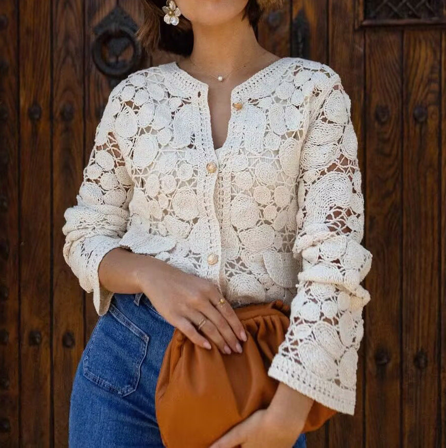 Crochet Lace Button Up Cardigan - Apricot