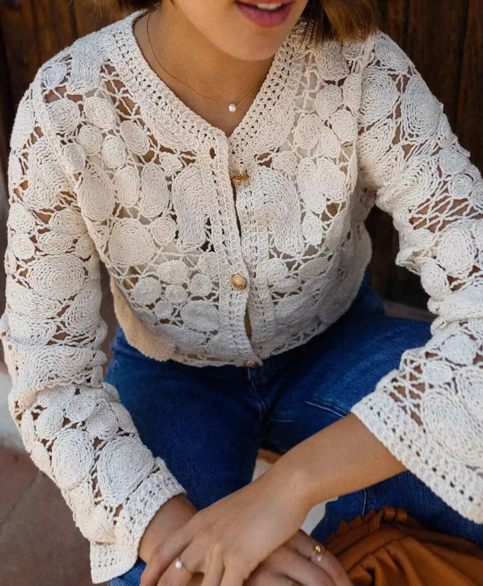 Crochet Lace Button Up Cardigan - Apricot - 1