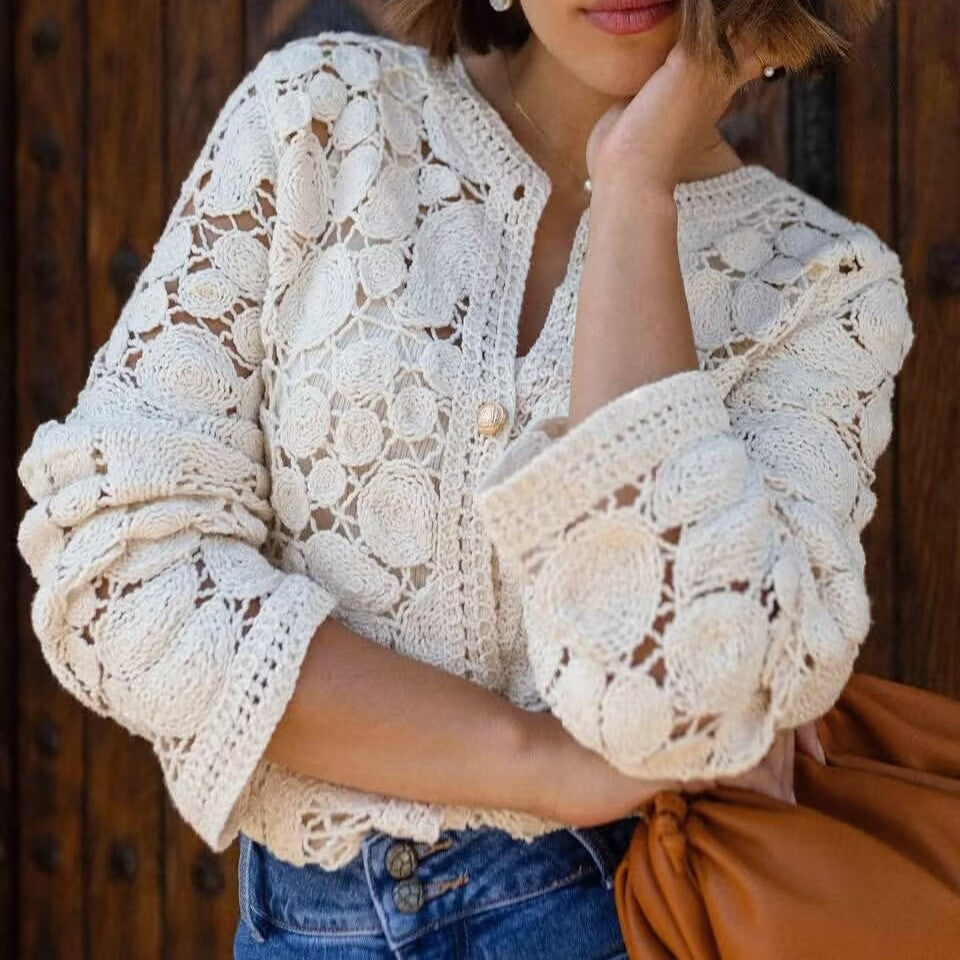 Crochet Lace Button Up Cardigan - Apricot - 2