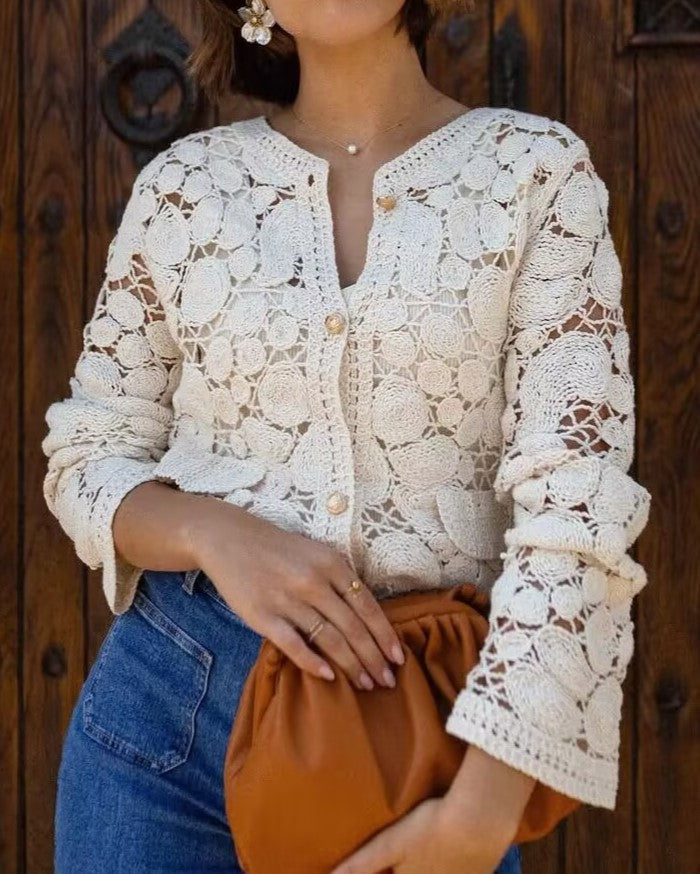 Crochet Lace Button Up Cardigan - Apricot - 3