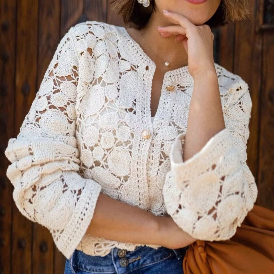 Crochet Lace Button Up Cardigan - Apricot - 4