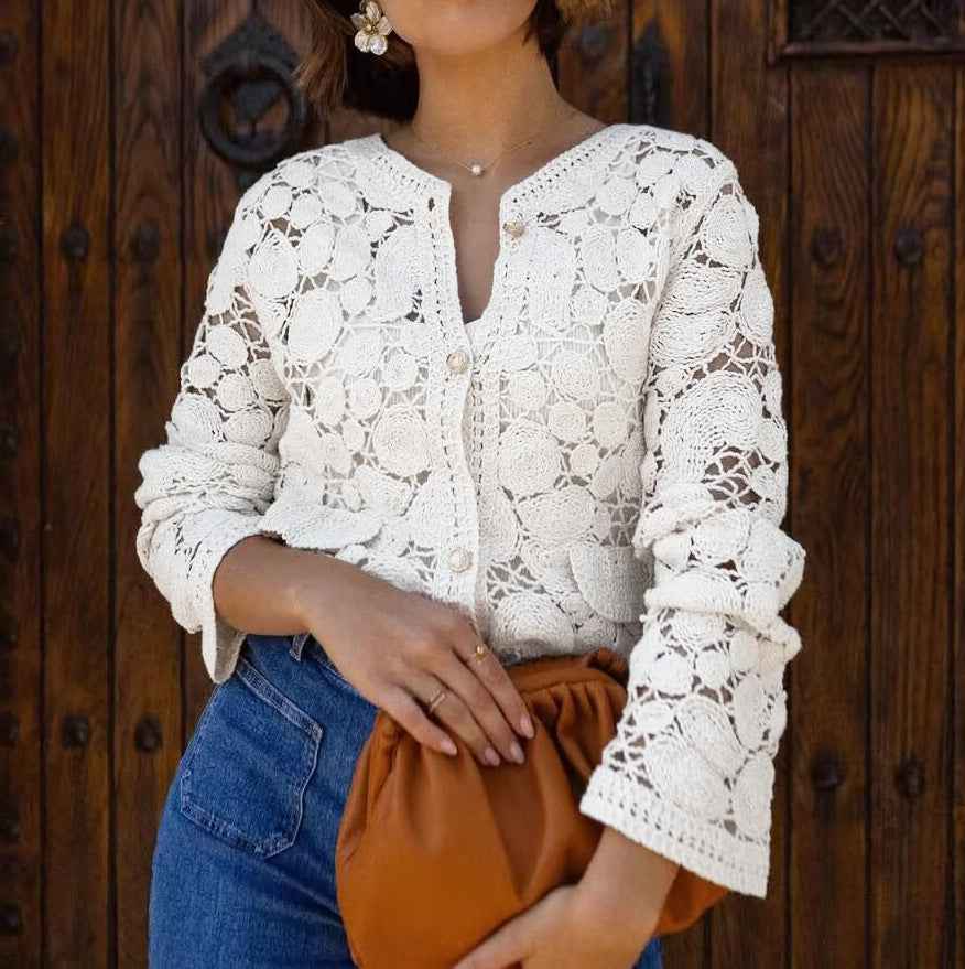 Crochet Lace Button Up Cardigan - White