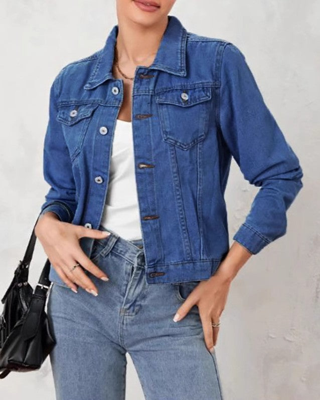 Classic Point Collar Cropped Denim Jacket - Dark-Blue