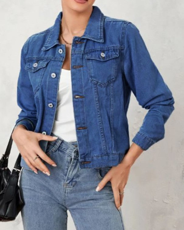 Classic Point Collar Cropped Denim Jacket - Dark-Blue - 1