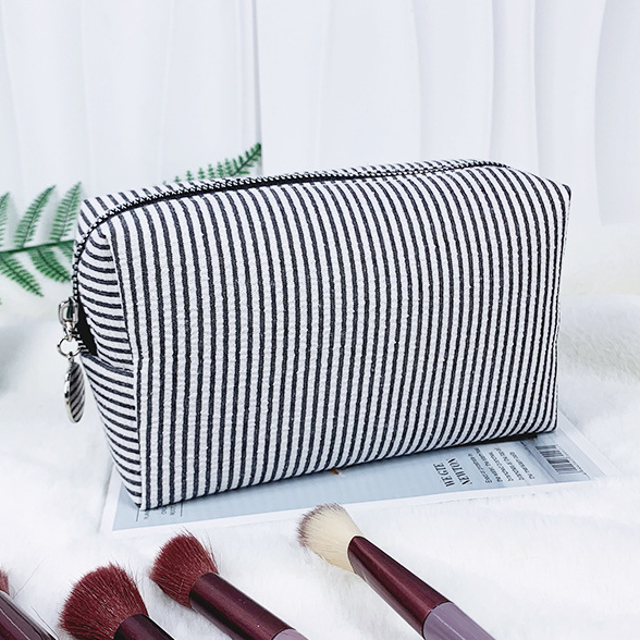 Seersucker Stripe Boxy Travel Cosmetic Bag - Black
