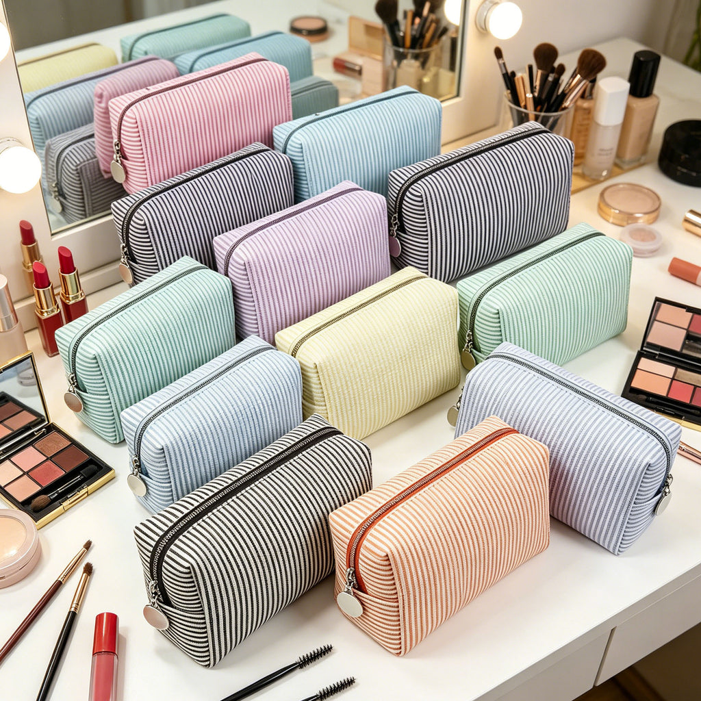 Seersucker Stripe Boxy Travel Cosmetic Bag - Blue