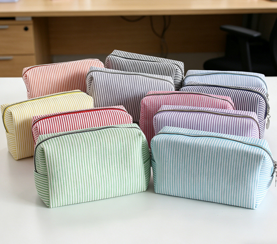 Seersucker Stripe Boxy Travel Cosmetic Bag - Blue - 9