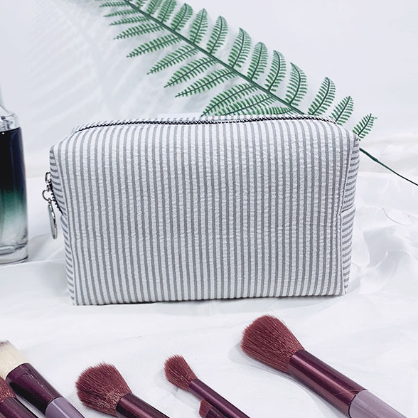 Seersucker Stripe Boxy Travel Cosmetic Bag - Grey