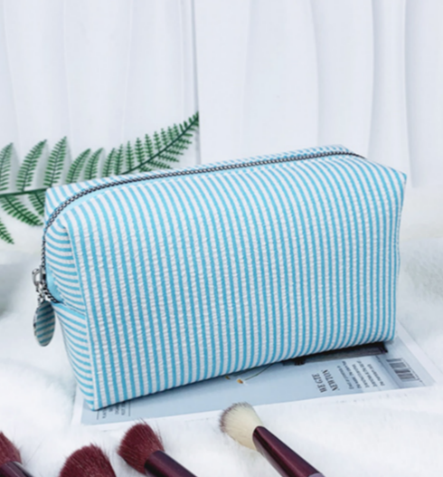 Seersucker Stripe Boxy Travel Cosmetic Bag - LakeBlue