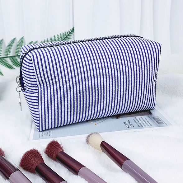 Seersucker Stripe Boxy Travel Cosmetic Bag - NavyBlue