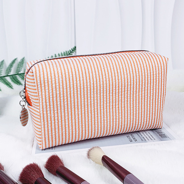 Seersucker Stripe Boxy Travel Cosmetic Bag - Orange