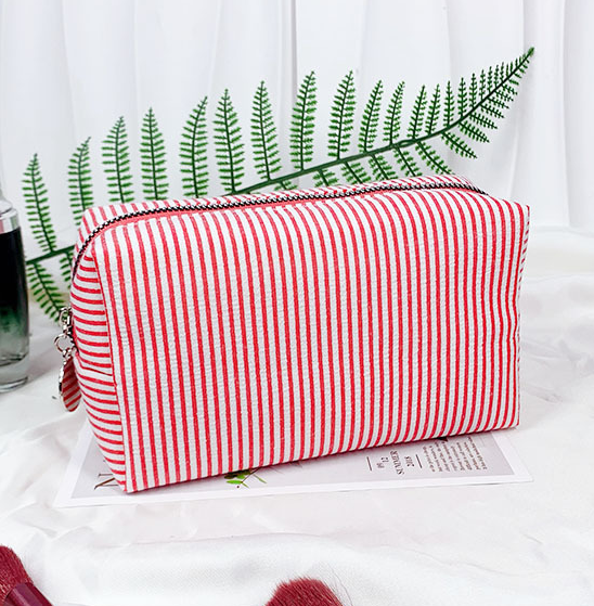 Seersucker Stripe Boxy Travel Cosmetic Bag - Red