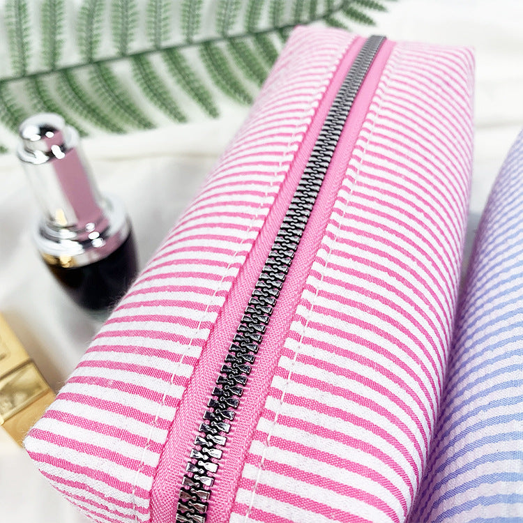 Seersucker Stripe Boxy Travel Cosmetic Bag - Rose_Red - 1