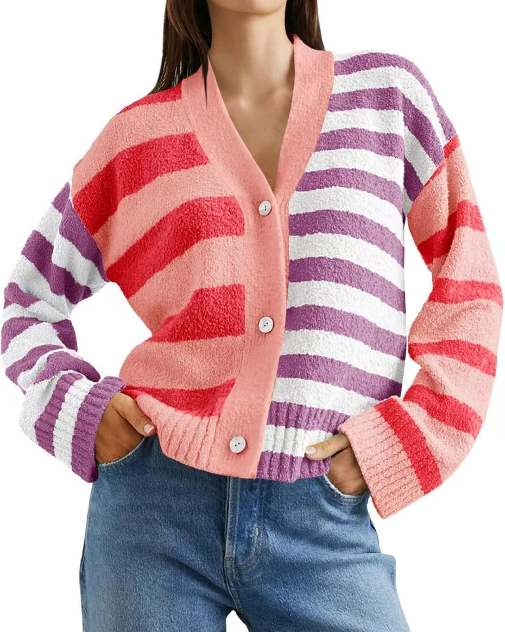 Multi Stripe Patchwork Button Cardigan - Pink