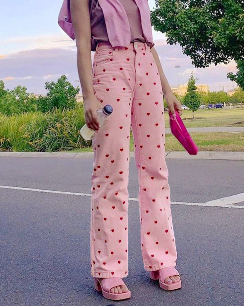 Scattered Heart Print Straight Leg Jeans - Pink