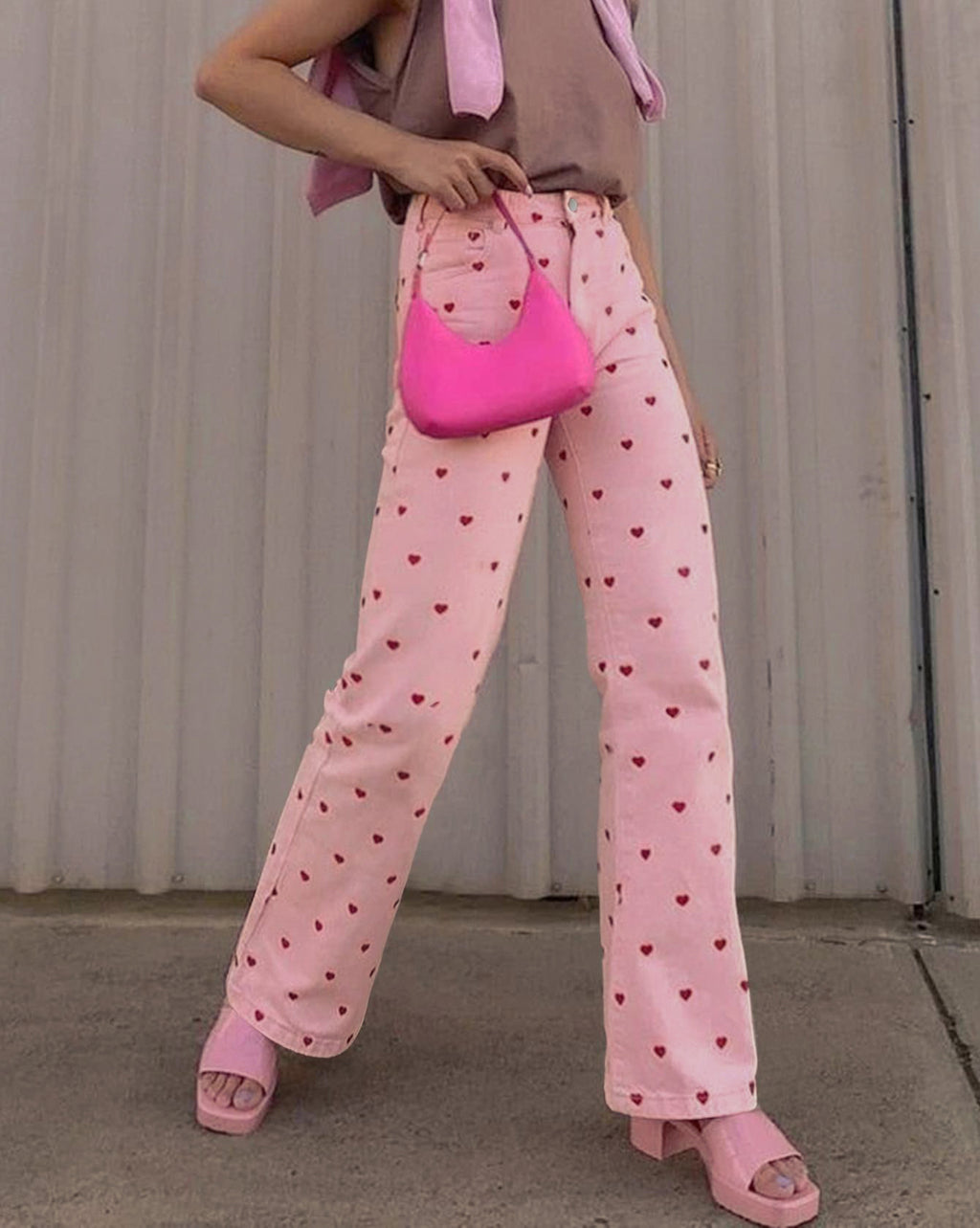 Scattered Heart Print Straight Leg Jeans - Pink - 1