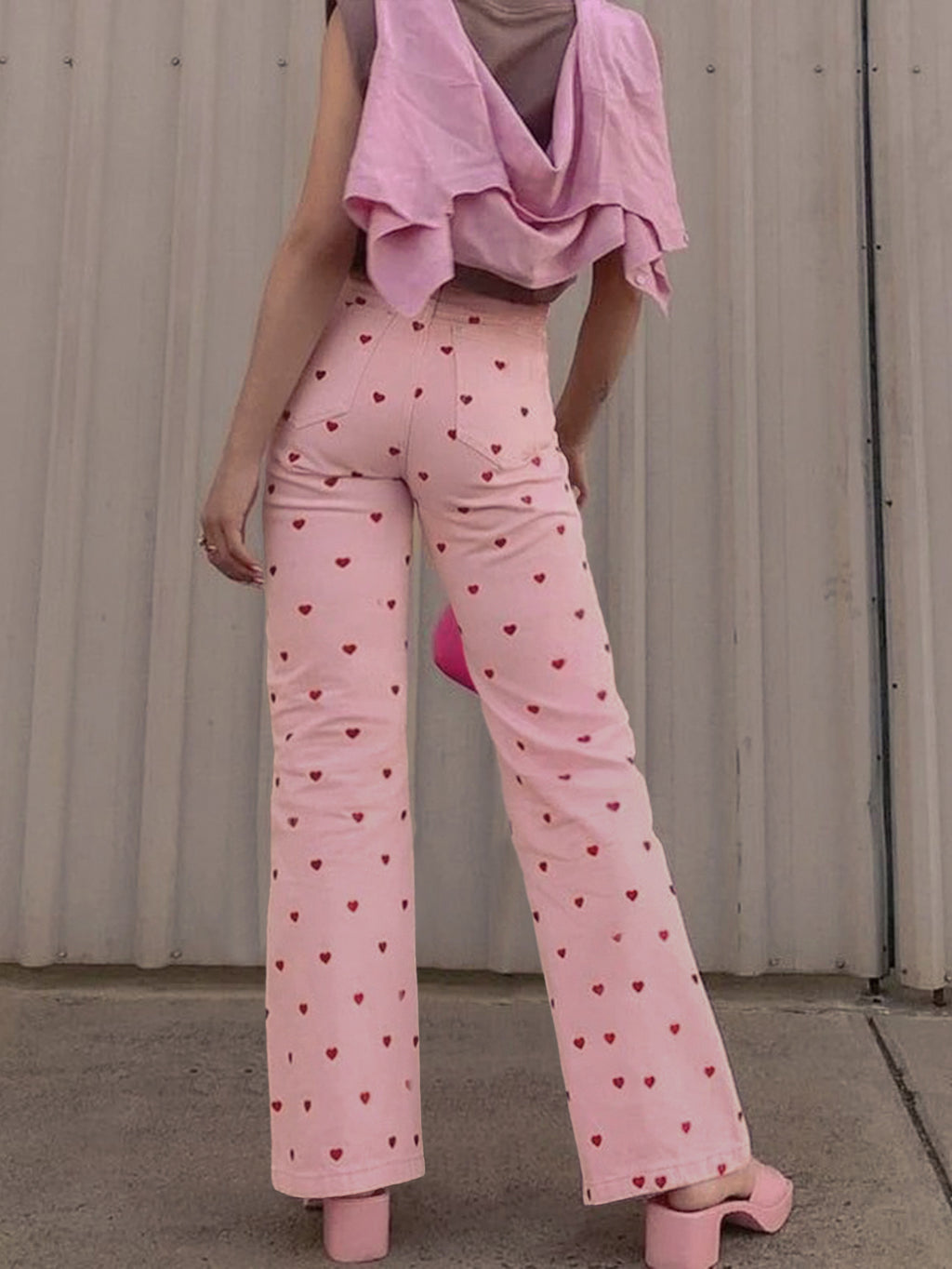 Scattered Heart Print Straight Leg Jeans - Pink - 2